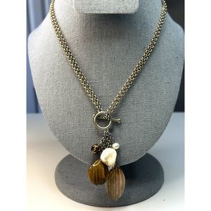 Vintage Semi Precious Tigers eye and Shell Charm Necklace Gold Tone